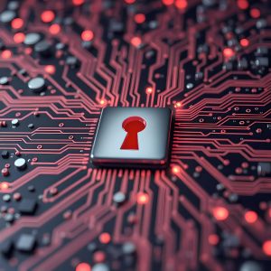 Ein digitales Sicherheitsschloss und Datenströme symbolisieren Cyber Security und den Schutz vor Online-Scams.