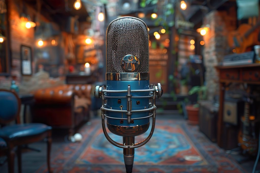 Ein professionelles Studiomikrofon für die Aufnahme des Podcasts über künstliche Intelligenz und Musik.